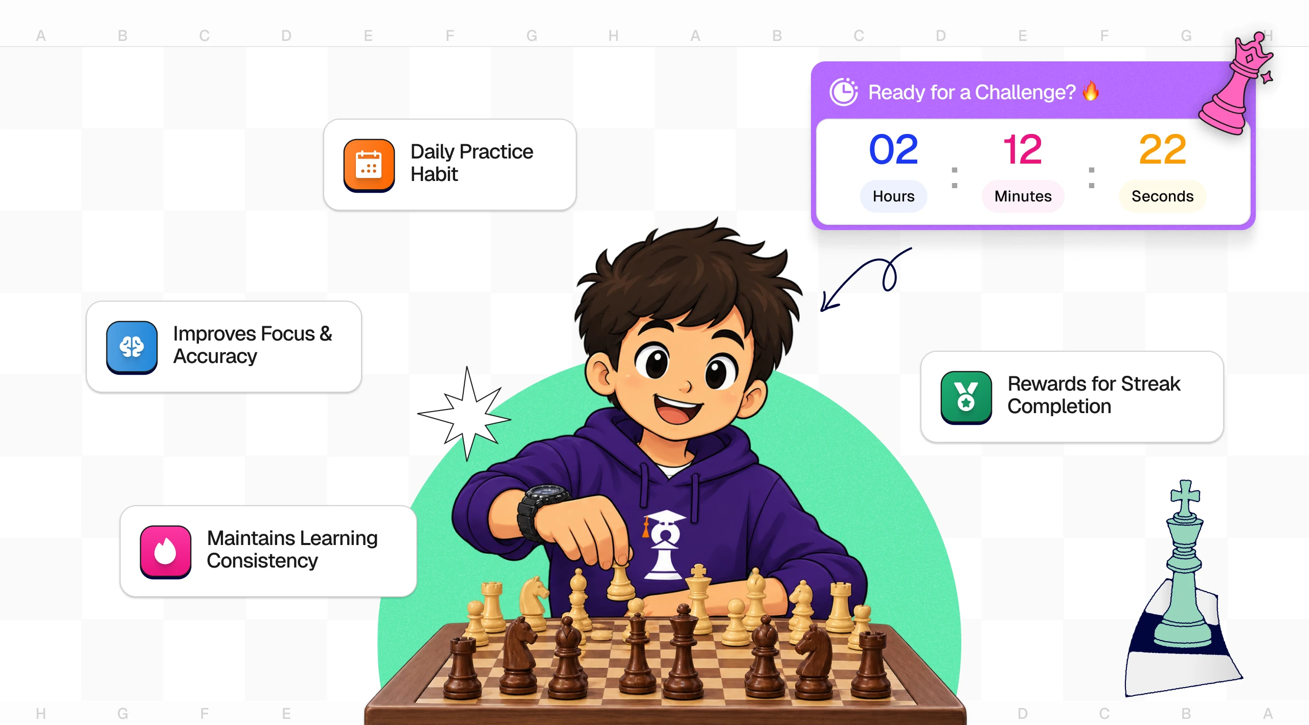 A young student smiling while playing chess, with the Ready for a Challenge countdown and the daily-habit chips