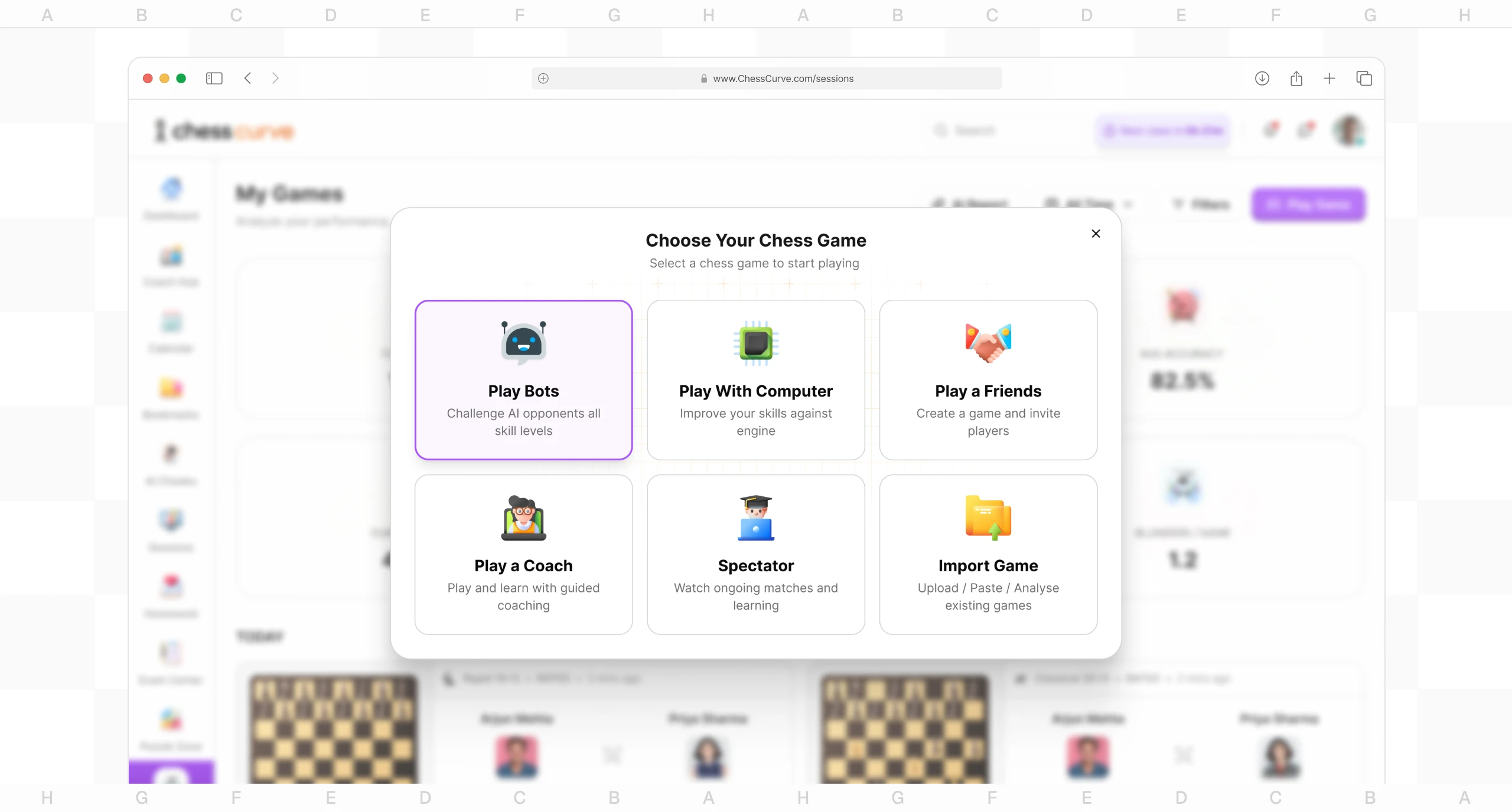 The ChessCurve app: My Games with the Choose Your Chess Game picker (Play Bots, Play With Computer, Play a Friends, Play a Coach, Spectator, Import Game)