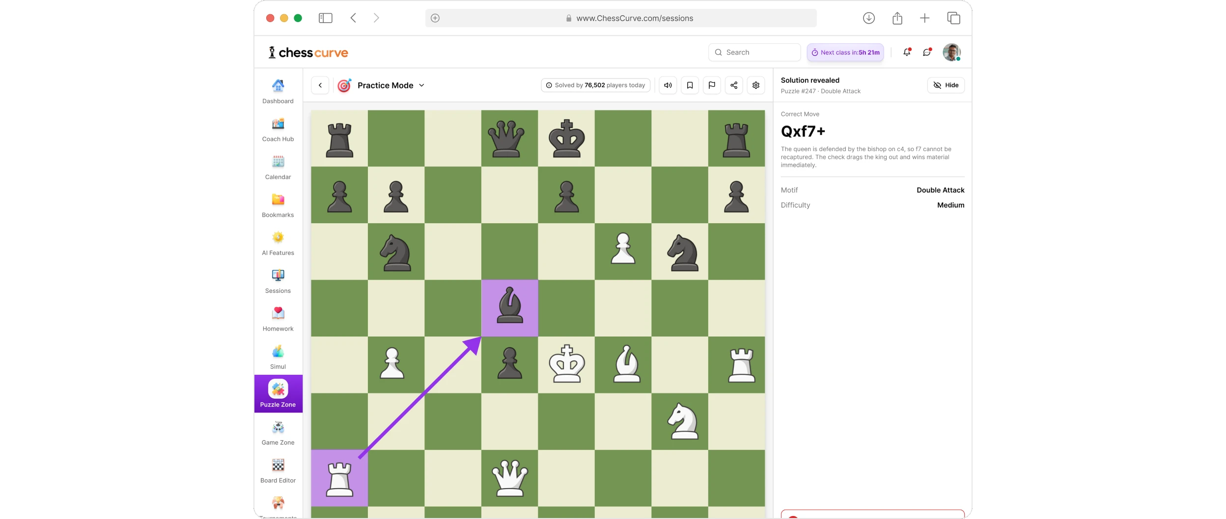 ChessCurve Practice Mode: a puzzle position with the revealed solution Qxf7+, a double attack rated Medium. Notes: Tactical Puzzles, Focus on Real Game Situations, Difficulty Progression System, Puzzle Streaks and Achievements.