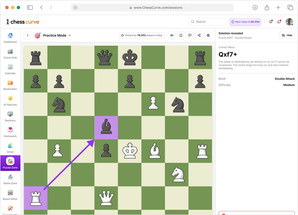 ChessCurve Practice Mode: a puzzle position with the revealed solution Qxf7+