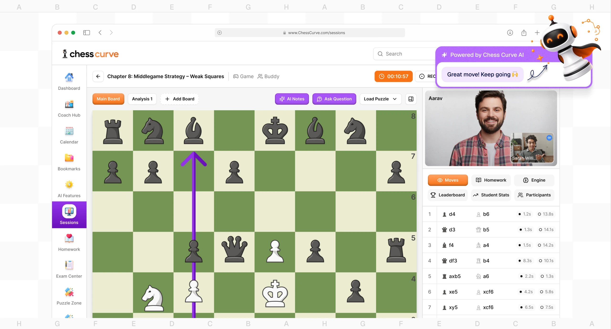 A live ChessCurve session: the coach's board, video call and move list, with Cheeku and ChessCurve AI feedback
