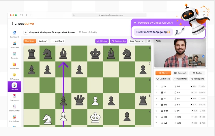 A live ChessCurve session with the coach's board and video call