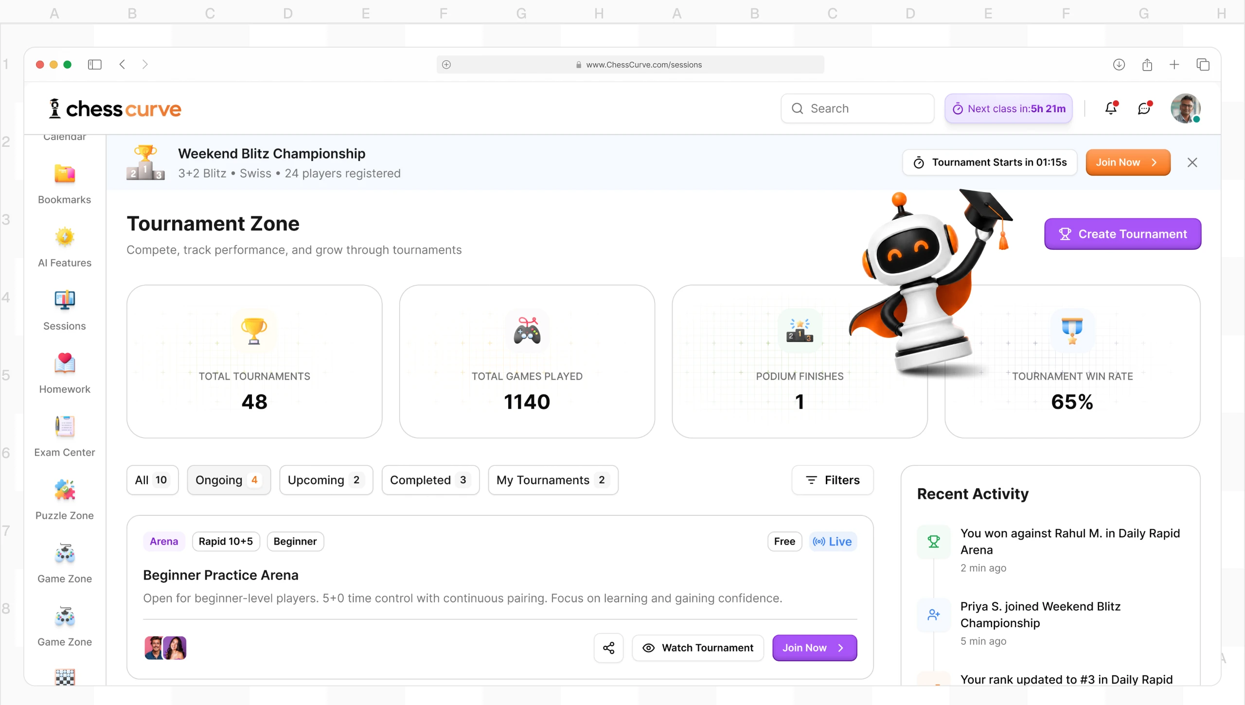 The ChessCurve Tournament Zone: tournament stats, filters, live arenas and recent activity